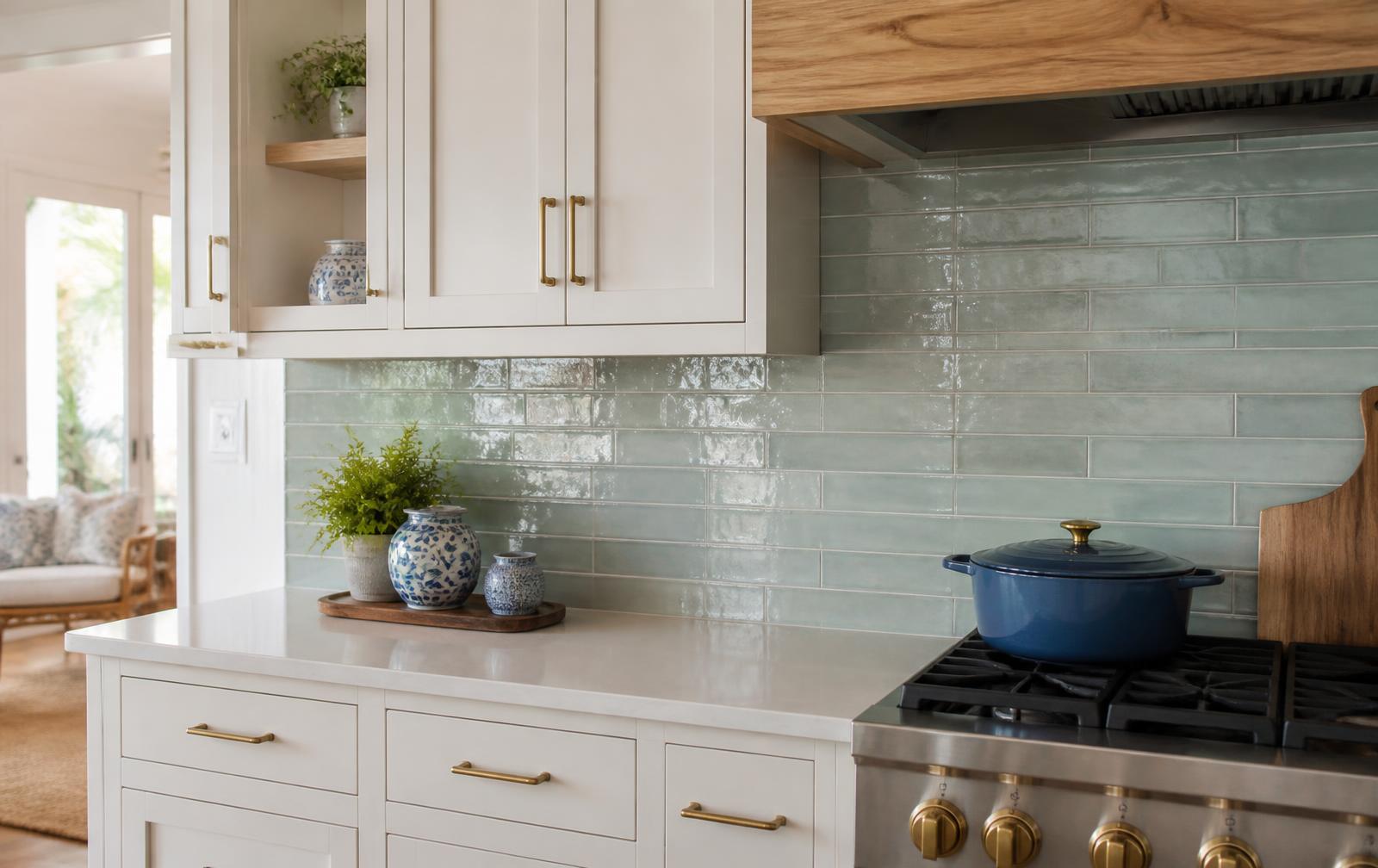 Finished sea-green tile backsplash in a bright kitchen