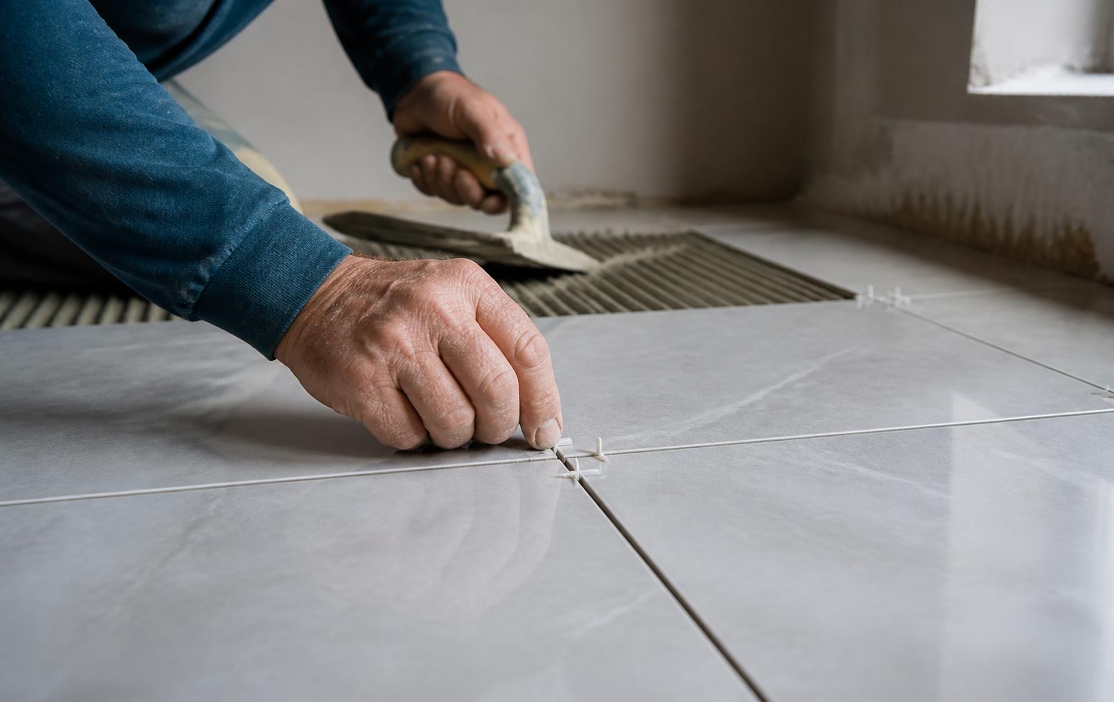 Tile installer aligning large-format porcelain with precise grout joints